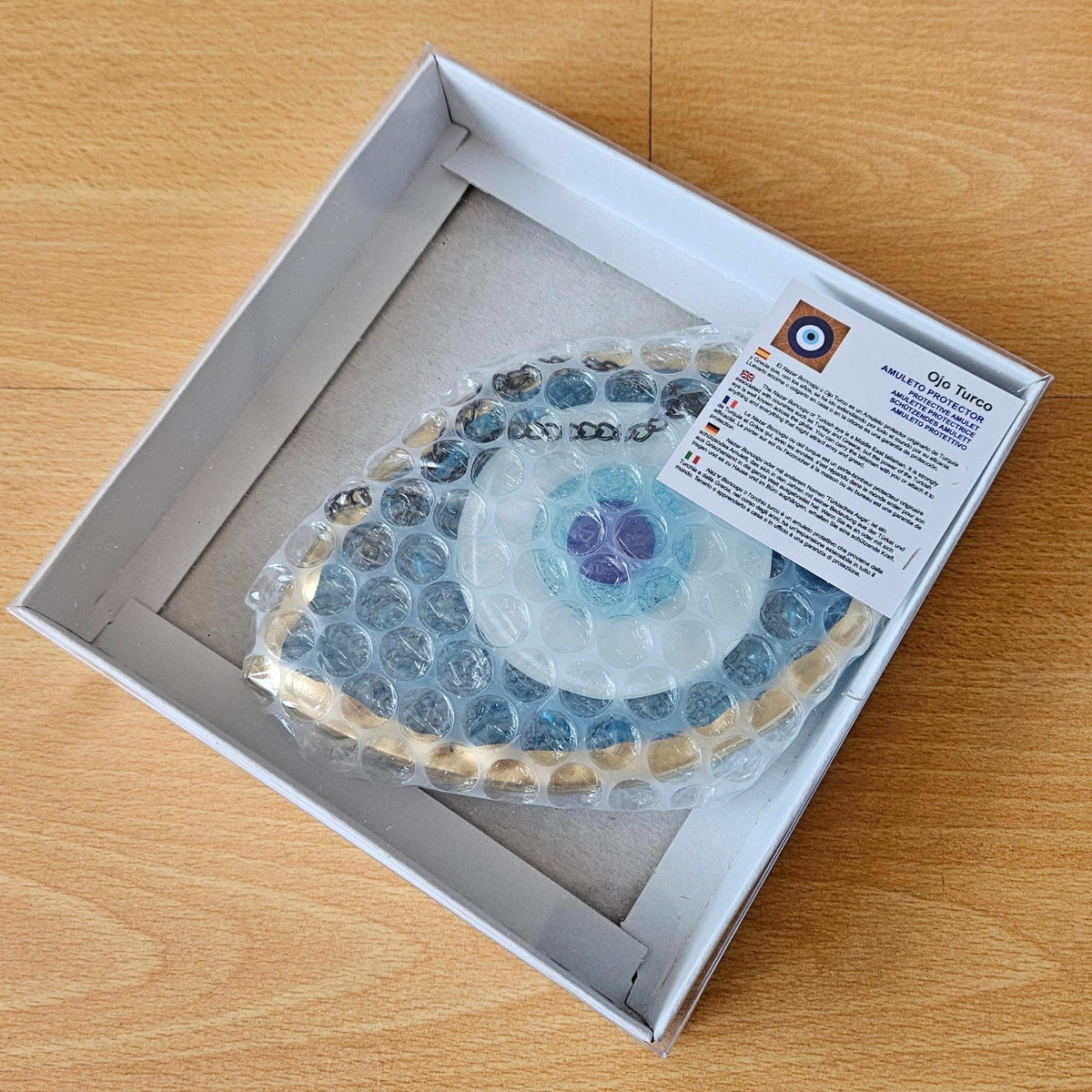 MYSTIC JEWELS - Adorno Ojo Turco Decorativo, Vidrio Azul y Blanco, Amuleto Suerte Marco en Dorado, 3 tamaños