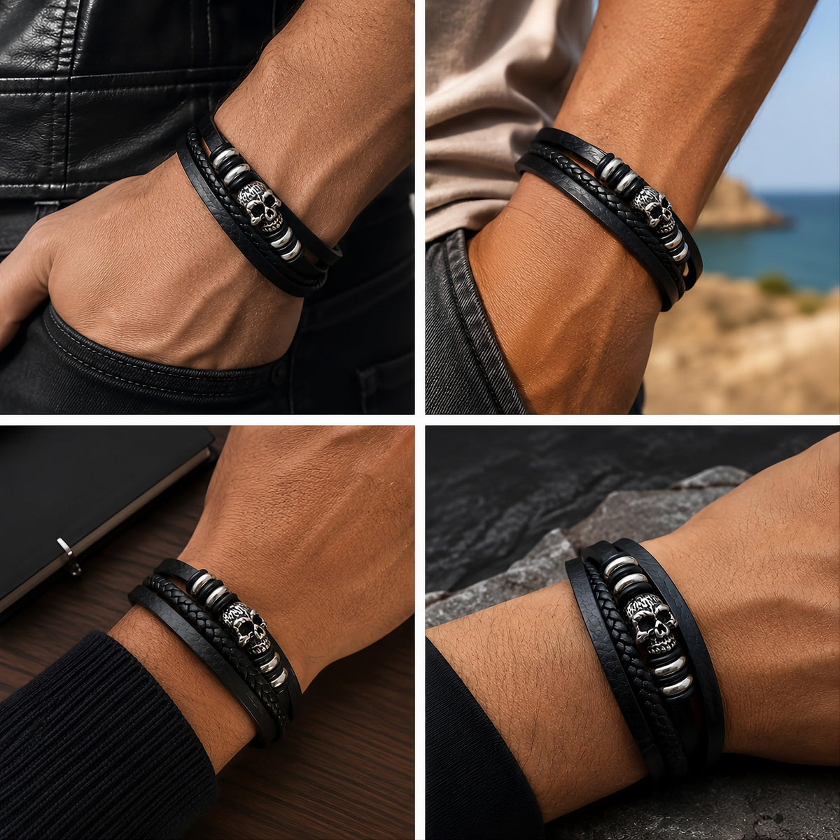 MYSTIC JEWELS - Pulsera de Cuero para Hombre en Acero Inoxidable - Negro - Ajustable - Diseño Moderno con Cajita de Regalo