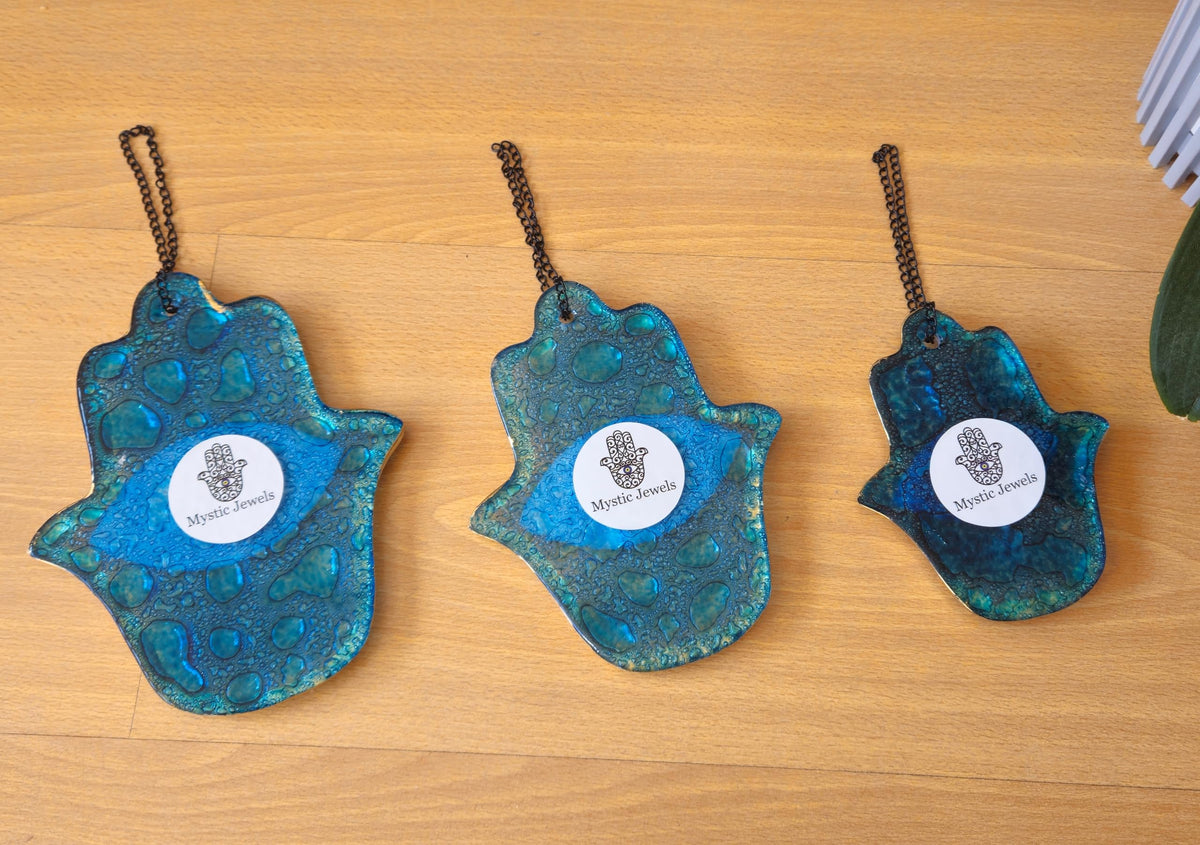 MYSTIC JEWELS - Adorno de Pared Vidrio, Ojo Turco y Mano de Fátima, Azul, Marco Dorado, Tres Tamaños, para Buena Suerte