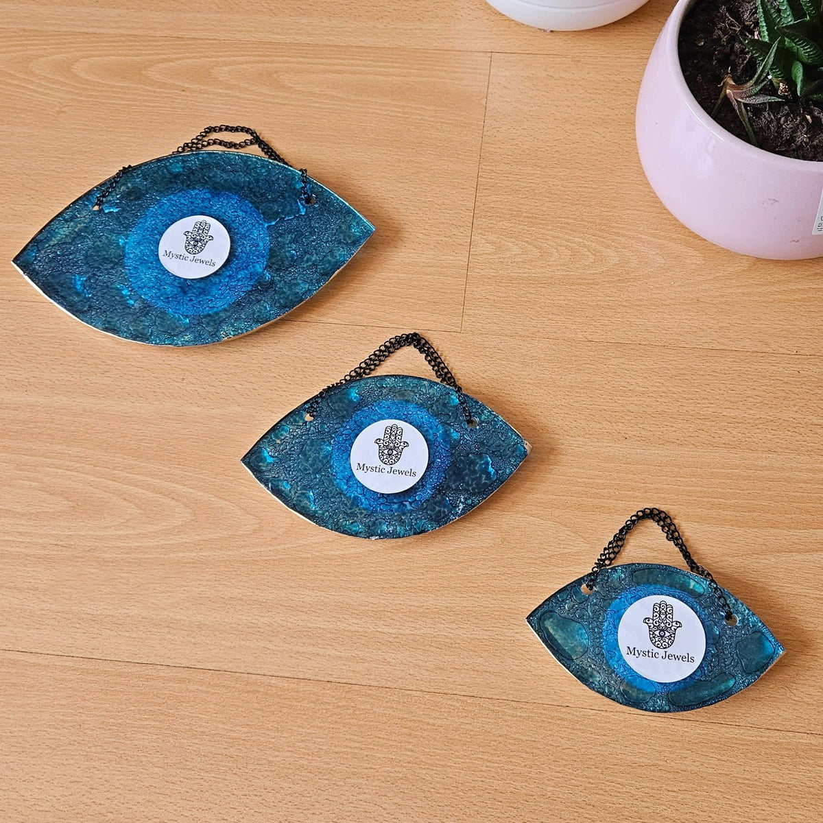 MYSTIC JEWELS - Adorno Ojo Turco Decorativo, Vidrio Azul y Blanco, Amuleto Suerte Marco en Dorado, 3 tamaños