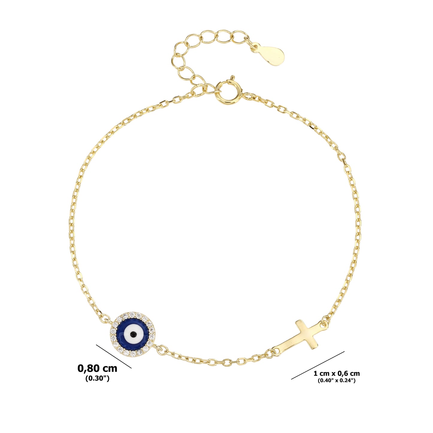 Pulsera de Plata de ley 925 - Bañada en Oro con Cruz y Ojo Turco – Diseño Minimalista con Circonitas – Ajustable 16 + 3 cm
