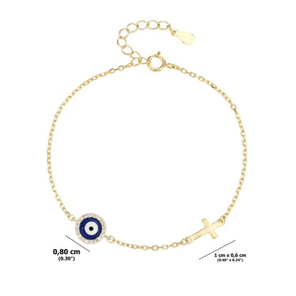 Pulsera de Plata de ley 925 - Bañada en Oro con Cruz y Ojo Turco – Diseño Minimalista con Circonitas – Ajustable 16 + 3 cm