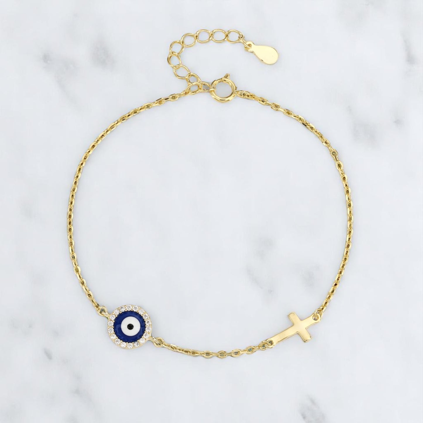 Pulsera de Plata de ley 925 - Bañada en Oro con Cruz y Ojo Turco – Diseño Minimalista con Circonitas – Ajustable 16 + 3 cm