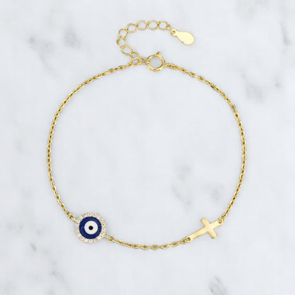 Pulsera de Plata de ley 925 - Bañada en Oro con Cruz y Ojo Turco – Diseño Minimalista con Circonitas – Ajustable 16 + 3 cm
