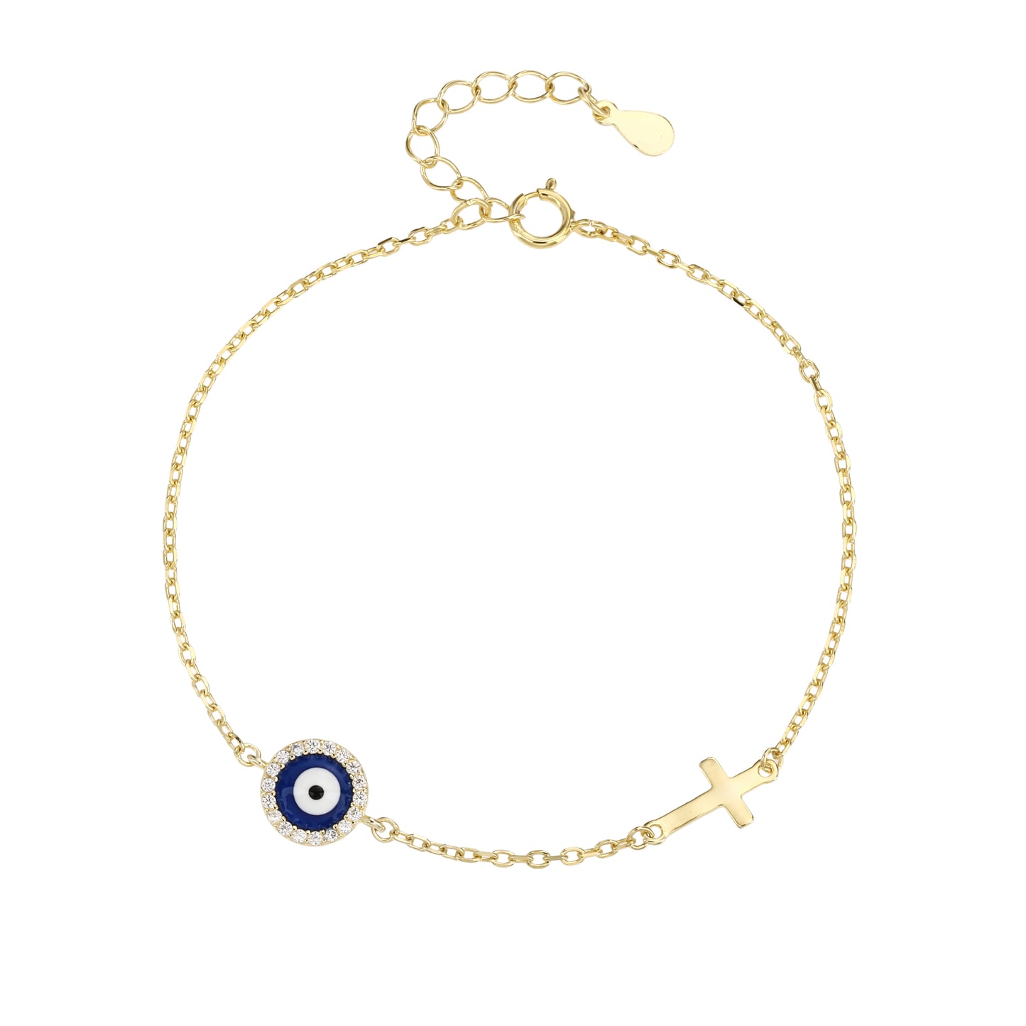 Pulsera de Plata de ley 925 - Bañada en Oro con Cruz y Ojo Turco – Diseño Minimalista con Circonitas – Ajustable 16 + 3 cm