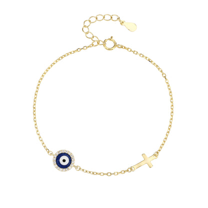 Pulsera de Plata de ley 925 - Bañada en Oro con Cruz y Ojo Turco – Diseño Minimalista con Circonitas – Ajustable 16 + 3 cm