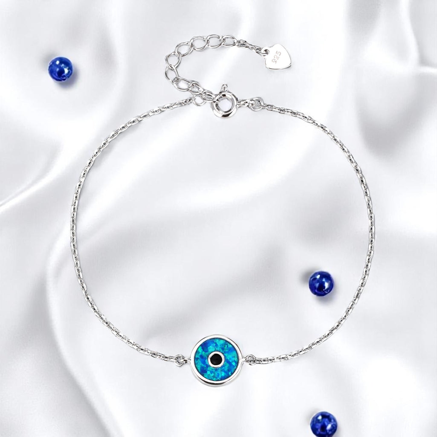 Pulsera Ojo Turco de Ópalo Sintético – Plata de ley 925 con Baño de Rodio – Diseño Redondo Elegante – Ajustable 16 + 3 cm – Con Bolsita de Regalo