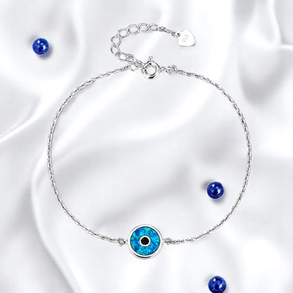 Pulsera Ojo Turco de Ópalo Sintético – Plata de ley 925 con Baño de Rodio – Diseño Redondo Elegante – Ajustable 16 + 3 cm – Con Bolsita de Regalo