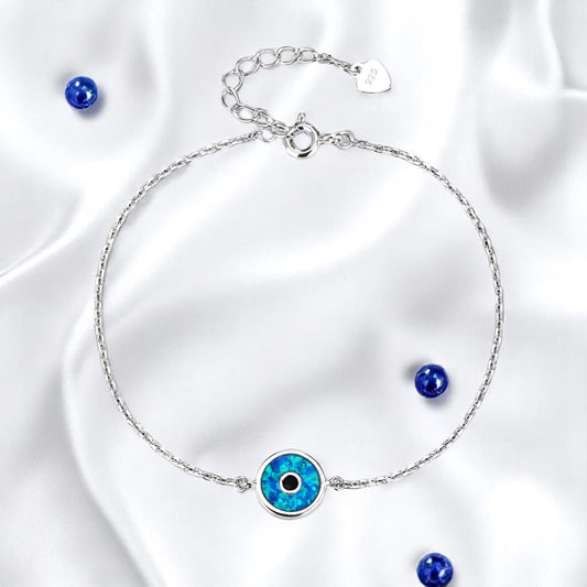 Pulsera Ojo Turco de Ópalo Sintético – Plata de ley 925 con Baño de Rodio – Diseño Redondo Elegante – Ajustable 16 + 3 cm – Con Bolsita de Regalo