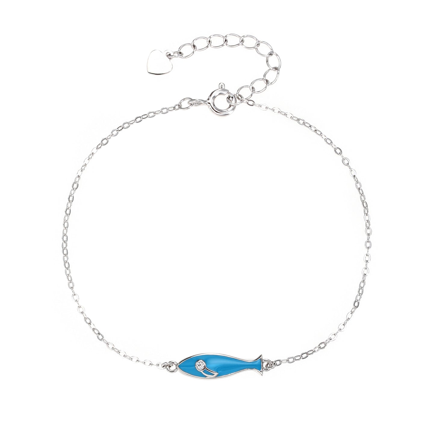 Pulsera de Cadena con Dije de Pez en Plata 925 – Esmalte Azul y Circonita – Diseño Minimalista con Acabado en Rodio – Ajustable 16 + 3 cm – Con Bolsita de Regalo