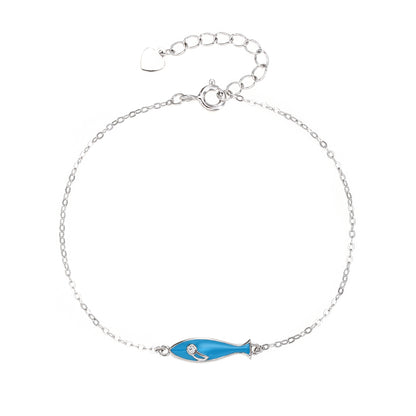 Pulsera de Cadena con Dije de Pez en Plata 925 – Esmalte Azul y Circonita – Diseño Minimalista con Acabado en Rodio – Ajustable 16 + 3 cm – Con Bolsita de Regalo