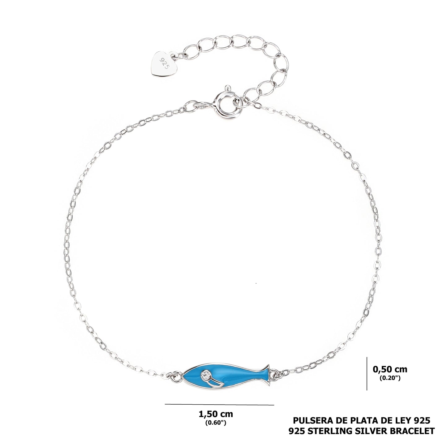 Pulsera de Cadena con Dije de Pez en Plata 925 – Esmalte Azul y Circonita – Diseño Minimalista con Acabado en Rodio – Ajustable 16 + 3 cm – Con Bolsita de Regalo