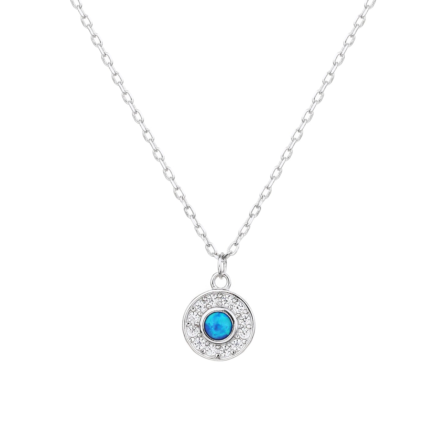 Collar de Plata let 925 - Colgante de Ópalo Sintético Azul y Circonitas, Cadena Delicada, Diseño Minimalista, Joya para Mujer