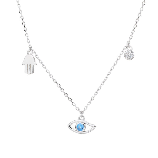Collar de Plata con Dijes de Mano Hamsa (Hamsa), Ojo Turco y Circonita Cúbica – Ajustable con Extensión – Incluye Bolsita de Regalo