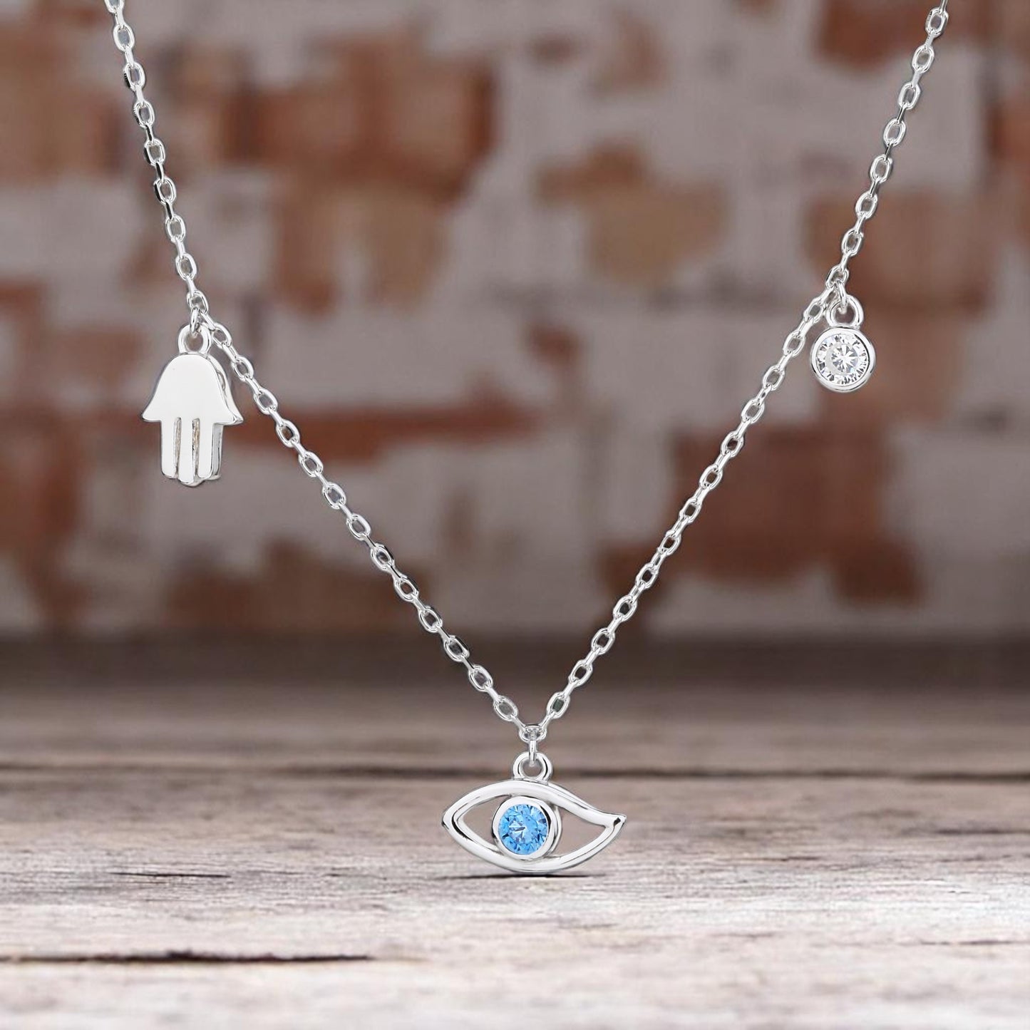 Collar de Plata con Dijes de Mano Hamsa (Hamsa), Ojo Turco y Circonita Cúbica – Ajustable con Extensión – Incluye Bolsita de Regalo