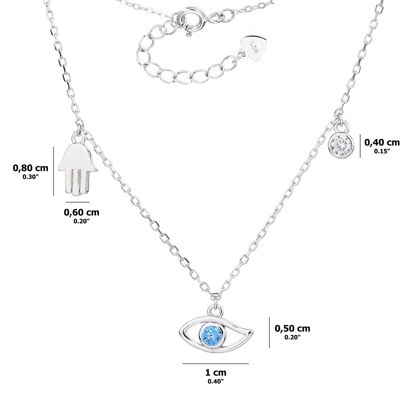 Collar de Plata con Dijes de Mano Hamsa (Hamsa), Ojo Turco y Circonita Cúbica – Ajustable con Extensión – Incluye Bolsita de Regalo