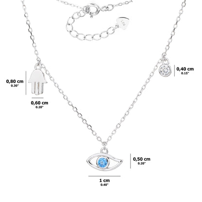 Collar de Plata con Dijes de Mano Hamsa (Hamsa), Ojo Turco y Circonita Cúbica – Ajustable con Extensión – Incluye Bolsita de Regalo