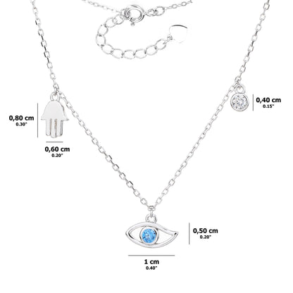 Collar de Plata con Dijes de Mano Hamsa (Hamsa), Ojo Turco y Circonita Cúbica – Ajustable con Extensión – Incluye Bolsita de Regalo