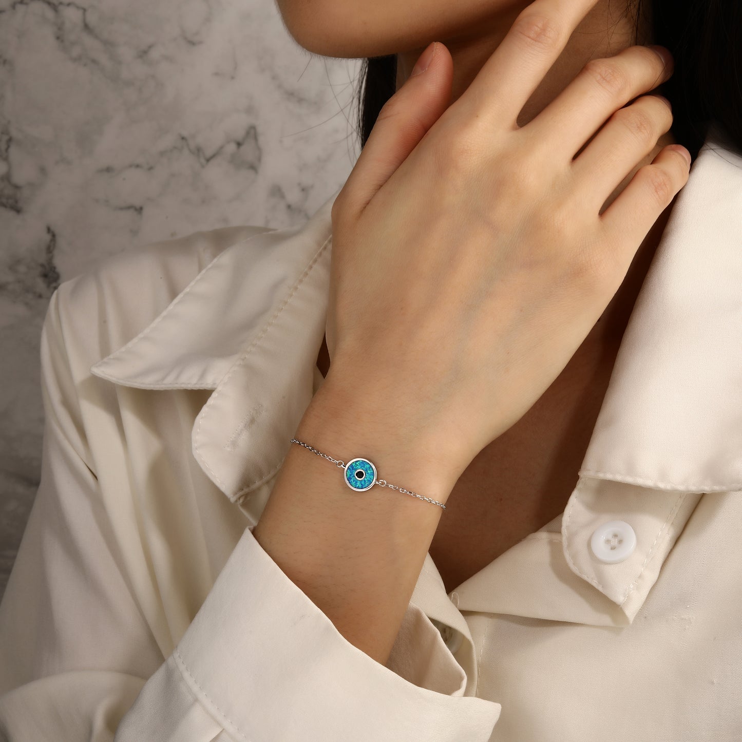 Pulsera Ojo Turco de Ópalo Sintético – Plata de ley 925 con Baño de Rodio – Diseño Redondo Elegante – Ajustable 16 + 3 cm – Con Bolsita de Regalo