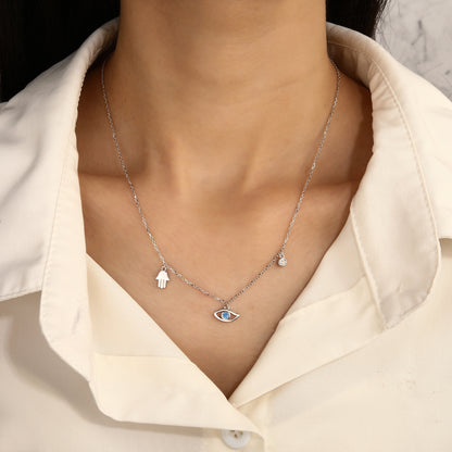 Collar de Plata con Dijes de Mano Hamsa (Hamsa), Ojo Turco y Circonita Cúbica – Ajustable con Extensión – Incluye Bolsita de Regalo