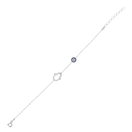 MYSTIC JEWELS 925 Sterling Silver Cubic Zirconia Hamsa (Hand of Fatima) and Evil Eye Round Bracelet, 16 + 2 cm