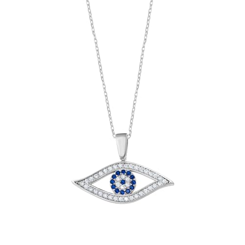 MYSTIC JEWELS - 925 Sterling Silver Necklace, Evil Eye Protector with Turkish Eye Pendant and White and Blue Zircons, Eye Shape, Amulet Jewelry for Women