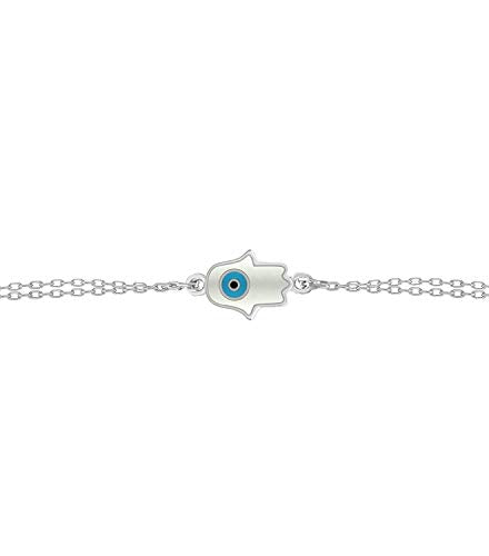 MYSTIC JEWELS by Dalia - Fatima Hand and Turkish Eye Enameled Bracelet - Double Chain - 925 Sterling Silver - Minimalist (Silver)