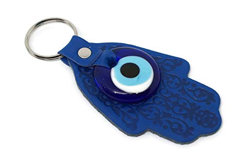 MYSTIC JEWELS by Dalia - Turkish Eye Keychain in the Shape of a Hamsa and in Crystal and Leather - for Good Luck and Evil Eye - Size 12 X 5 cm (Blue)