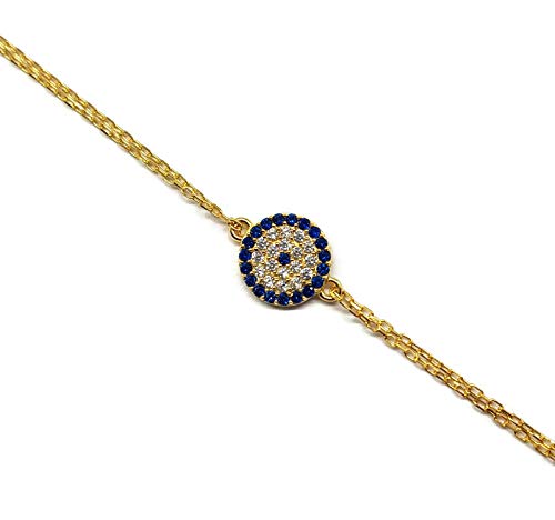 MYSTIC JEWELS by Dalia - Turkish Eye Motif Zircon Bracelet - Double Chain 16-18 cm Adjustable (Gold)