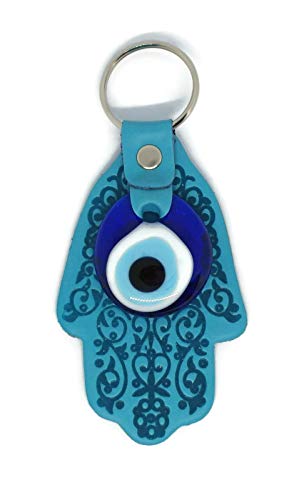 MYSTIC JEWELS by Dalia - Turkish Eye Keychain in the Shape of a Hamsa and in Glass and Leather - for Good Luck and Evil Eye - Size 12 X 5 cm (Turquoise)