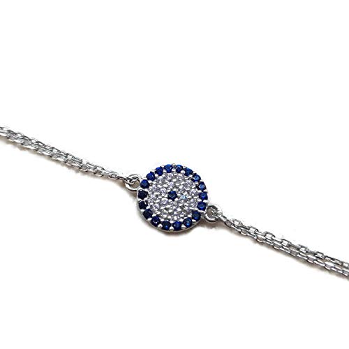 MYSTIC JEWELS by Dalia - Turkish Eye Motif Zircon Bracelet - Double Chain 16-18 cm Adjustable (Silver)