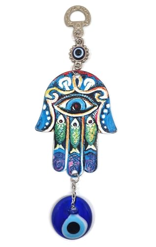 MYSTIC JEWELS - Hamsa house design of the Hand of Fatima with Turkish Eye for home decoration; Luck and success energy (3 fish)