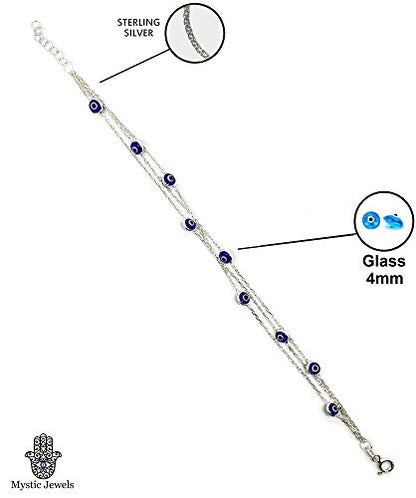MYSTIC JEWELS By Dalia - 19cm Silver Evil Eye Bracelet on Triple Chain with tiny eyes - For Good Luck (Navy Blue)