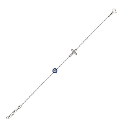 MYSTIC JEWELS By Dalia - 925 Sterling Silver Bracelet with Evil Eye and Zircon Cross for Gift, Birthday, New Year