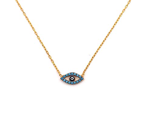Mystic Jewels by Dalia Round Turkish Eye Pendant Necklace 925 Sterling Silver with Cubic Zirconia and Enamel in Strong Blue (Turquoise)
