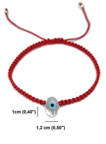 MYSTIC JEWELS By Dalia - Red macrome thread bracelet with mother of pearl and Turkish eye, for good luck, Evil Eye protection, Good Luck (Hand - Red)