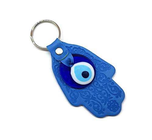 MYSTIC JEWELS by Dalia - Turkish Eye Keychain with Hamsa and in Crystal and Leather - for Good Luck and Evil Eye (Light Blue)