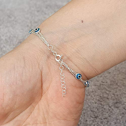 MYSTIC JEWELS By Dalia - 19cm Silver Evil Eye Bracelet on Triple Chain with tiny eyes - For Good Luck (Light Blue)