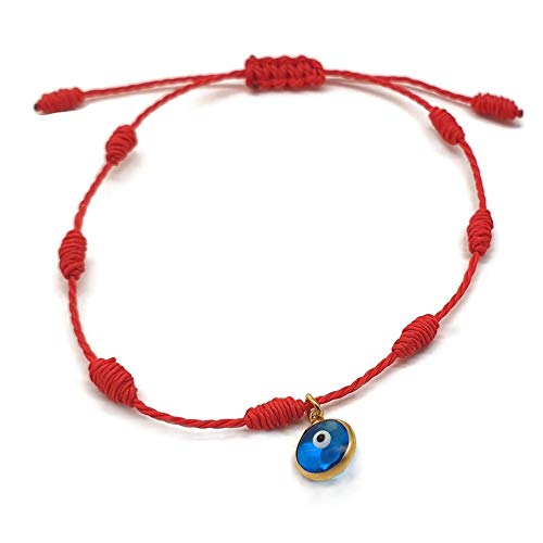 MYSTIC JEWELS by Dalia - Bracelet Kabbale - Cordon de Fil Rouge à 7 Noeuds avec un petit oeil en Argent Plaqué Or 925 - Unisexe - Ajustable - Protection contre le Mal des Yeux, Bonne Chance, Bonne Chance (Rouge)