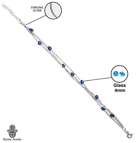 MYSTIC JEWELS By Dalia - 19cm Silver Evil Eye Bracelet on Triple Chain with tiny eyes - For Good Luck (Light Blue)