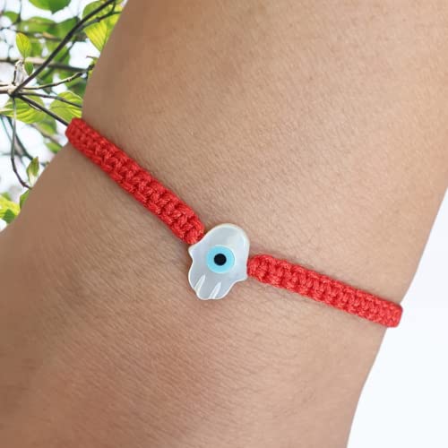 MYSTIC JEWELS By Dalia - Red macrome thread bracelet with mother of pearl and Turkish eye, for good luck, Evil Eye protection, Good Luck (Hand - Red)