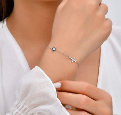 MYSTIC JEWELS By Dalia - 925 Sterling Silver Bracelet with Evil Eye and Zircon Cross for Gift, Birthday, New Year