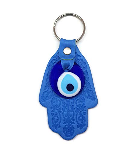 MYSTIC JEWELS by Dalia - Turkish Eye Keychain with Hamsa and in Crystal and Leather - for Good Luck and Evil Eye (Light Blue)