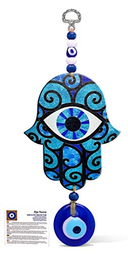 MYSTIC JEWELS - Hamsa of the Hand of Fatima in wood with Turkish eye for Good Luck and Energy at Home (Color 8)