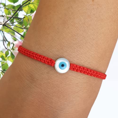 MYSTIC JEWELS By Dalia - Red macrome thread bracelet with mother-of-pearl and Turkish eye, for good luck, Evil Eye protection, Good Luck (Round - Red)