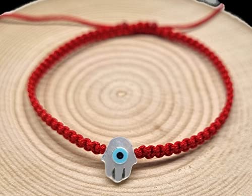 MYSTIC JEWELS By Dalia - Red macrome thread bracelet with mother of pearl and Turkish eye, for good luck, Evil Eye protection, Good Luck (Hand - Red)