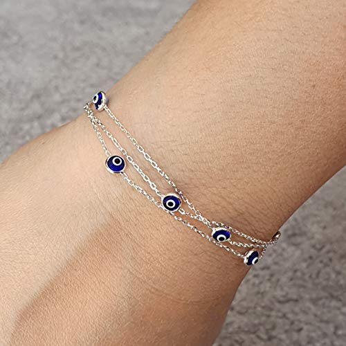 MYSTIC JEWELS By Dalia - 19cm Silver Evil Eye Bracelet on Triple Chain with tiny eyes - For Good Luck (Navy Blue)