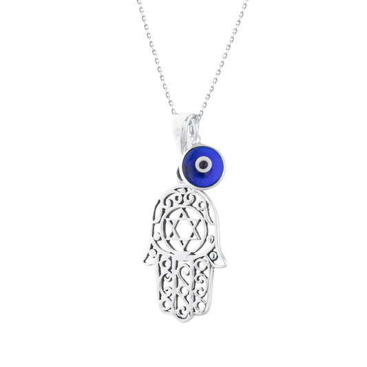 MYSTIC JEWELS By Dalia - Collier Hamsa en argent sterling 925 avec breloque mauvais œil de 7 mm pendante (étoile de David)