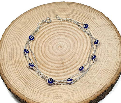 MYSTIC JEWELS By Dalia - 19cm Silver Evil Eye Bracelet on Triple Chain with tiny eyes - For Good Luck (Navy Blue)