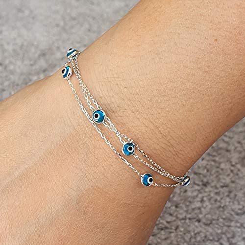 MYSTIC JEWELS By Dalia - 19cm Silver Evil Eye Bracelet on Triple Chain with tiny eyes - For Good Luck (Light Blue)